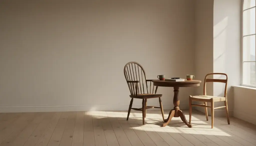 Two wooden chairs angled toward each other across a small table by a tall window