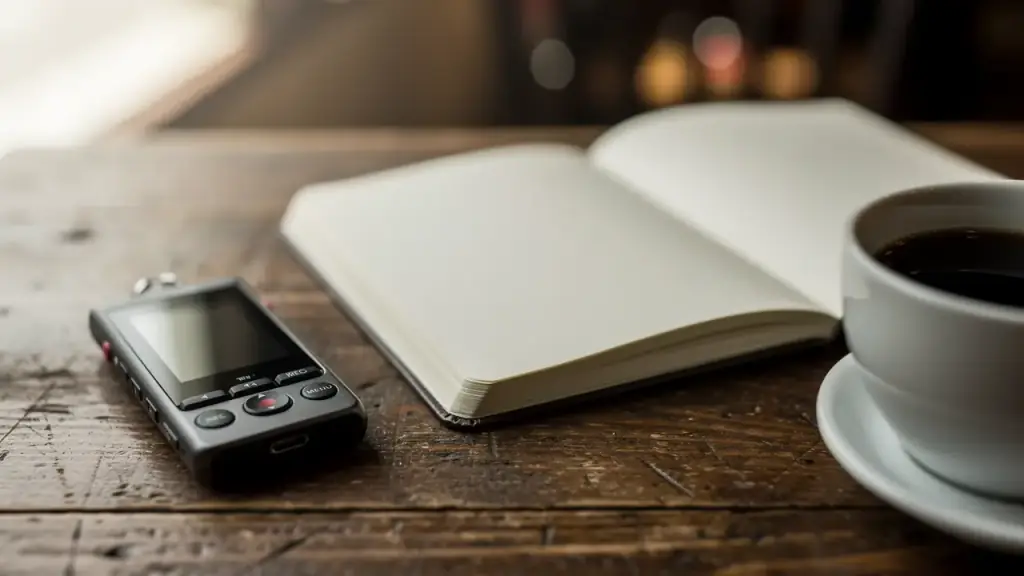 A voice recorder and an open notebook beside a cup of coffee on a wooden table