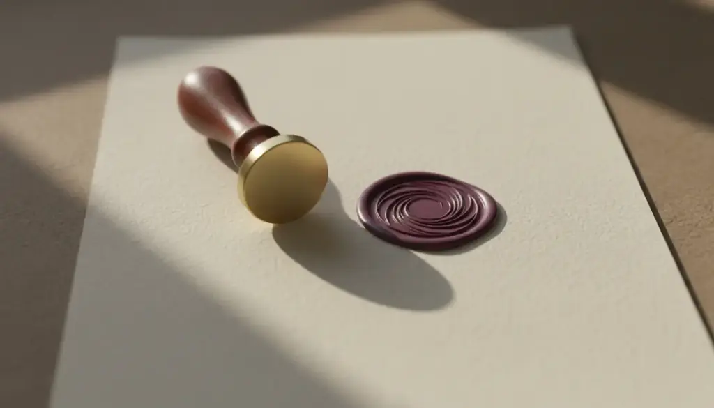 A brass wax-seal stamp beside a fresh plum wax seal on heavy cream paper