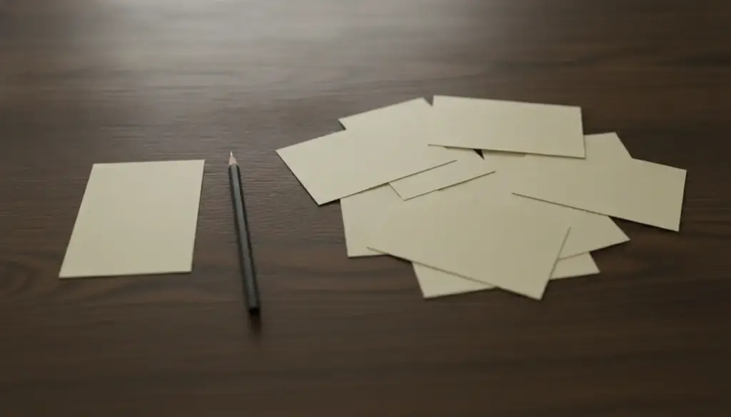 Blank index cards spread on an oak table, one squared up apart from the rest