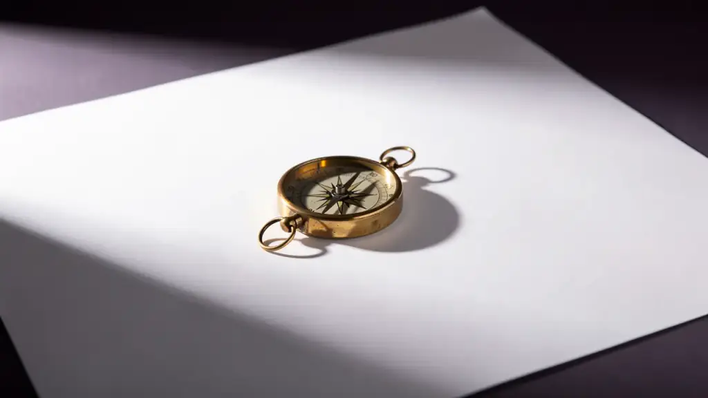 A brass compass resting on a blank sheet of drafting paper