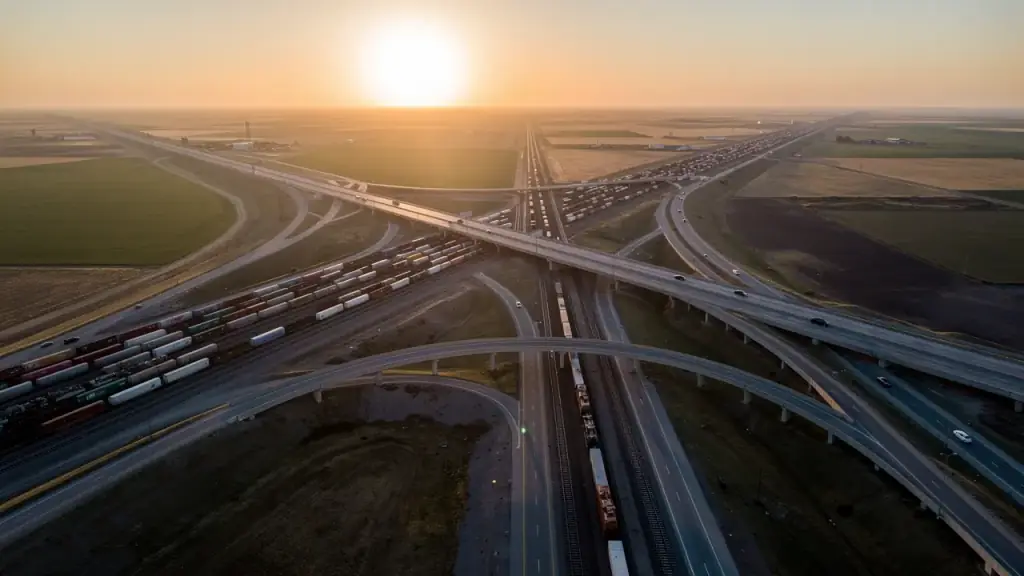 A rail yard and highway interchange fanning out across Western farmland at dusk