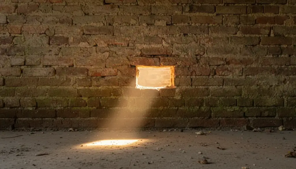 Daylight streaming through the gap left by one brick missing from an old wall