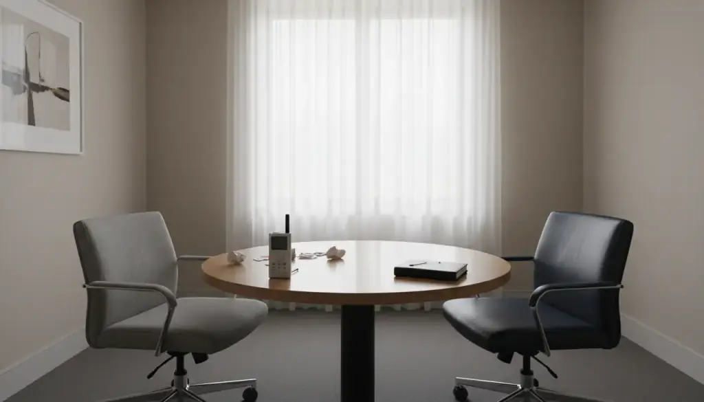 An empty meeting room after an interview, two chairs pushed back from a round table