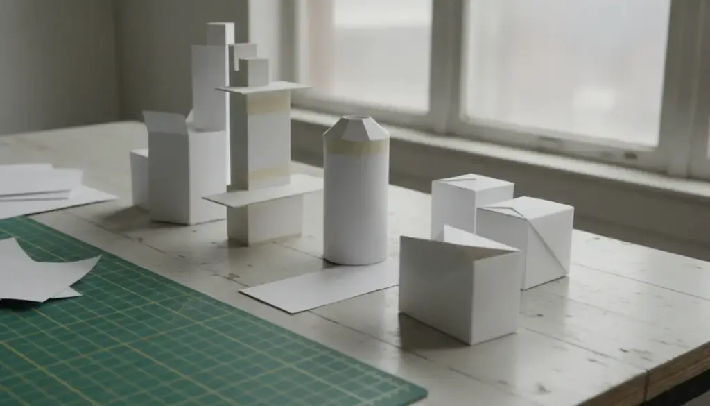 White card product maquettes and paper prototypes on a studio worktable